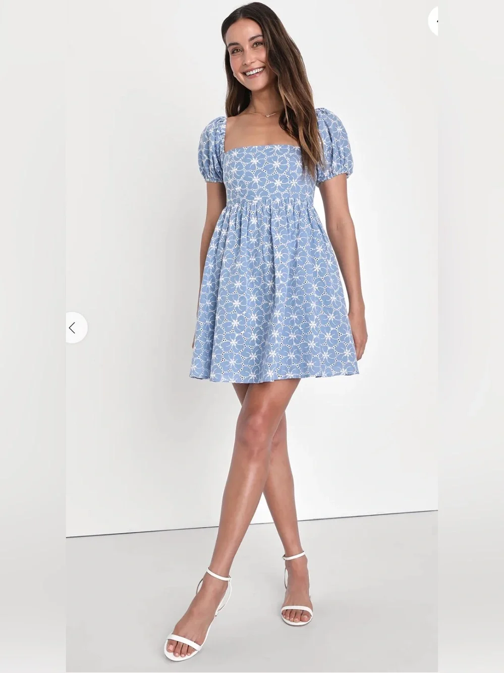 Lulu's Fit to Frolic Blue Eyelet Lace Puff Sleeve Babydoll Dress Sz L - Picture 2 of 9